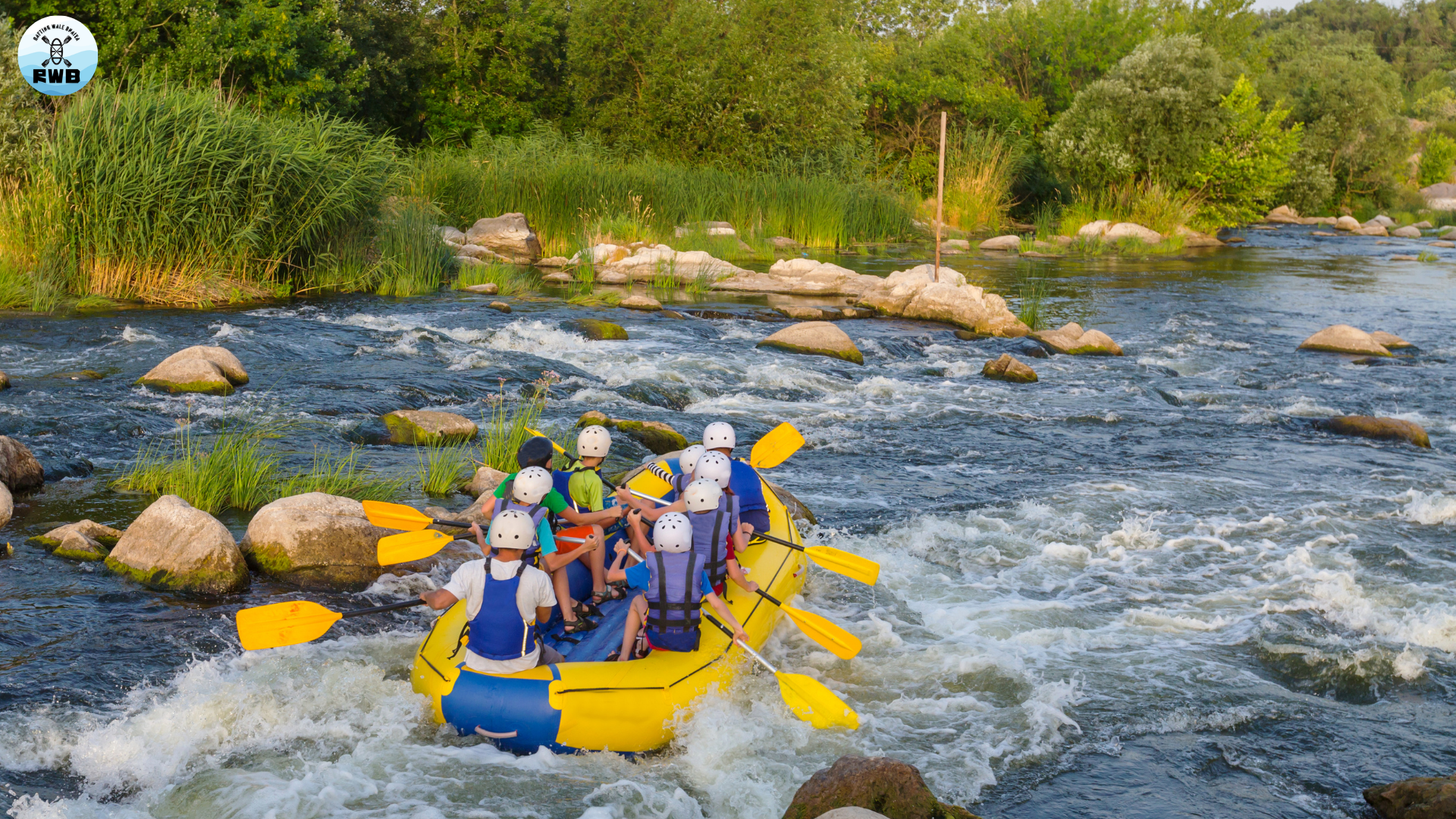 Rafting in shallow river