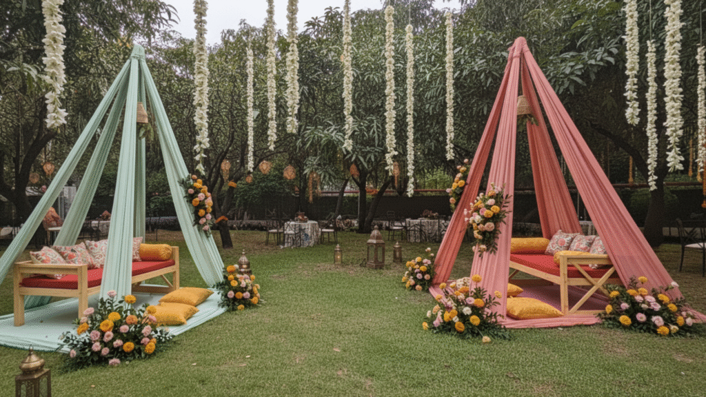 Colorful mehendi celebration at Kosi Deck in Jim Corbett destination wedding