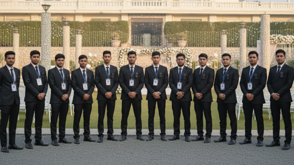 Professional wedding hospitality and manpower team assisting guests with RSVP, check-in, and smooth event management