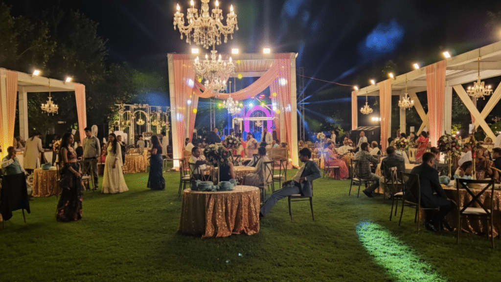 Wedding ceremony at Rudraksh Lawn in Jim Corbett with mandap décor